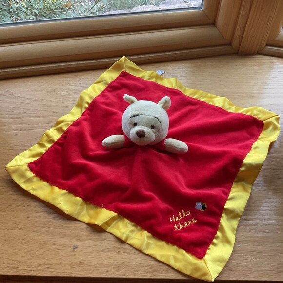 Disney Baby Winnie The Pooh Lovey Blanket Red & Yellow Embroidered "Hello There" - Picture 1 of 4